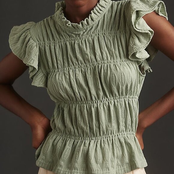 ANTHROPOLOGIE: Smocked Top: Green - Picture 3 of 4